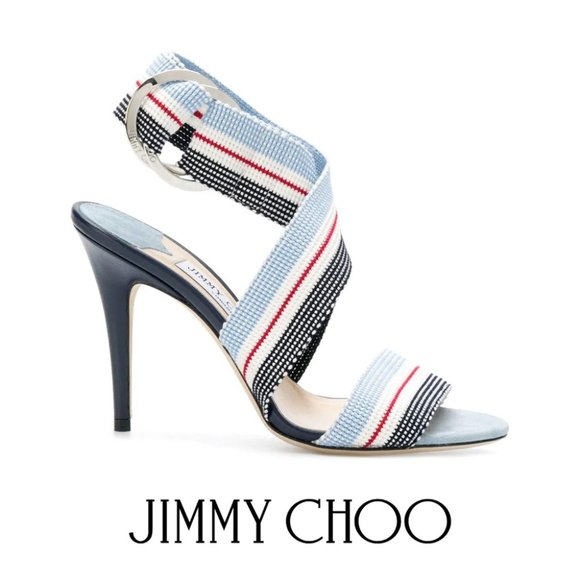 Jimmy Choo Bailey 100 Mix Blue Web Strap Sandals 37 EU 7 US